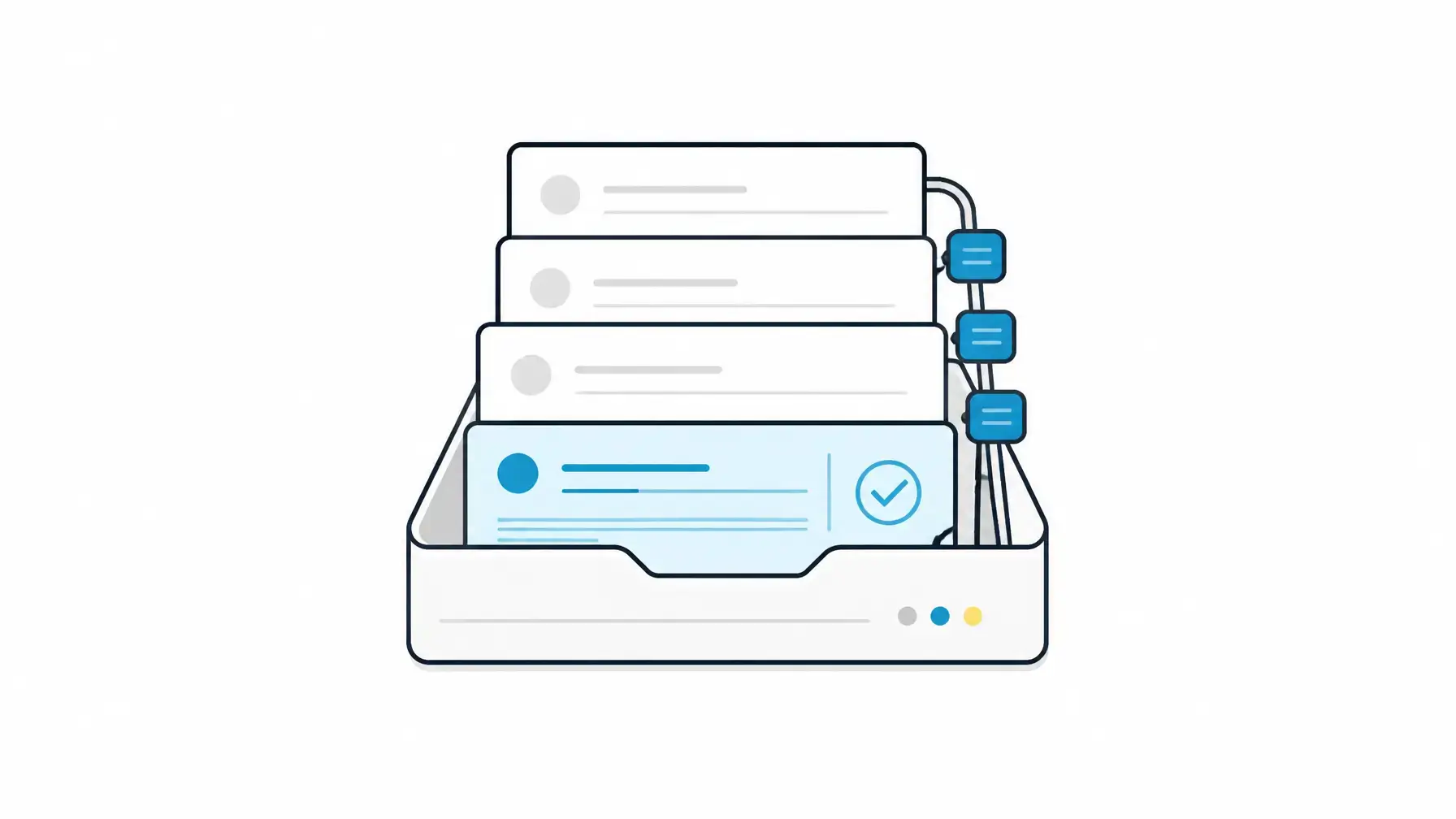Customer experience management software image showing a centered feedback queue tray with guest comment slips and response ownership markers.