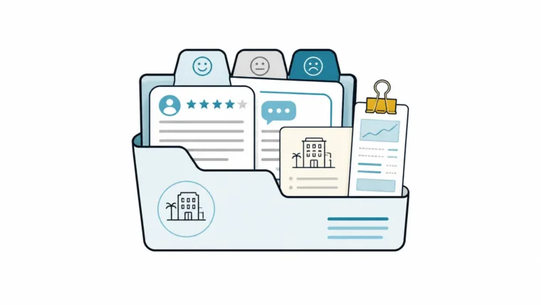 Guest experience software featured image showing a centered hotel guest signal folder with review cards, sentiment tabs, and rate context in Halo GSS style.
