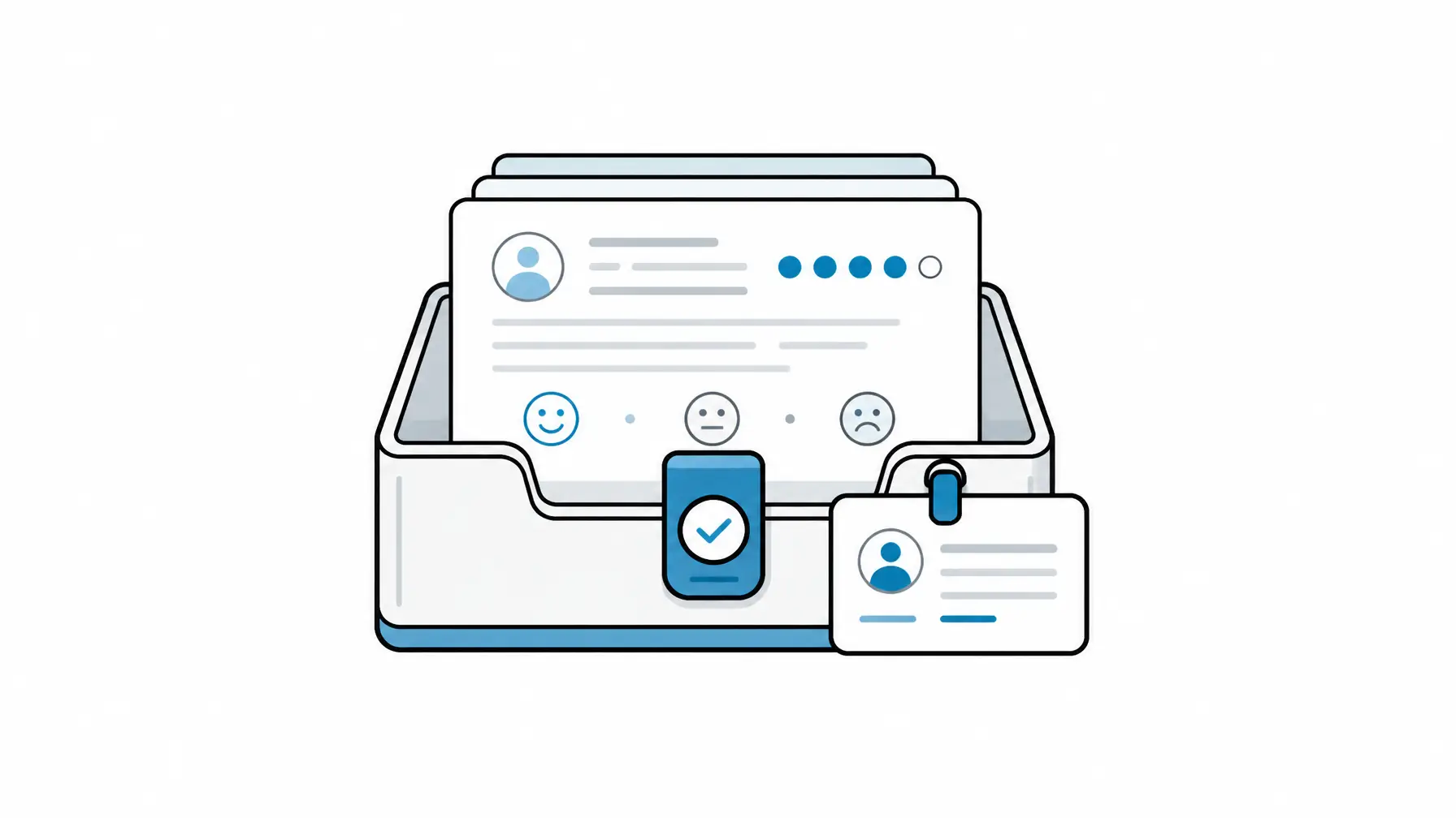 Guest experience software image showing a centered review inbox tray with guest feedback slips and response status objects.