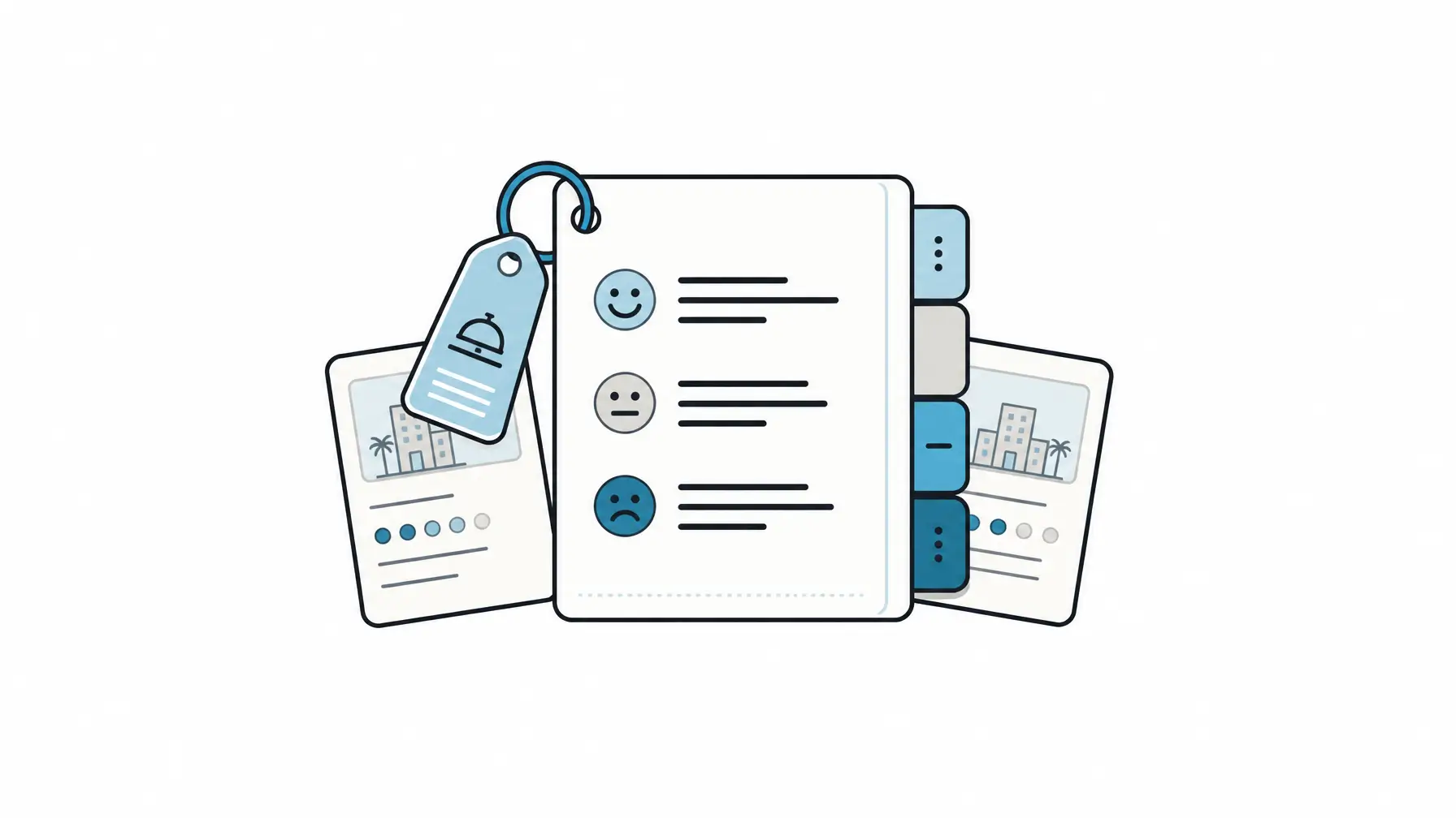 Guest experience software image showing a centered sentiment folio with issue-category tabs and competitor property context.