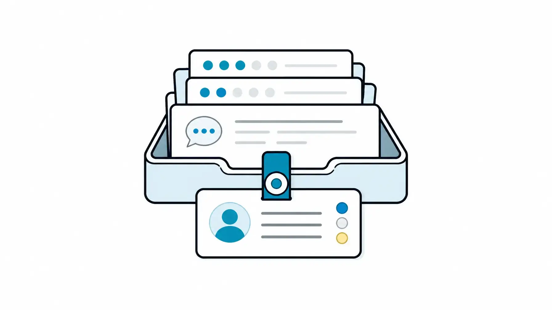 Guest satisfaction survey image showing a centered feedback action tray with guest comments, response status, and manager follow-up objects.