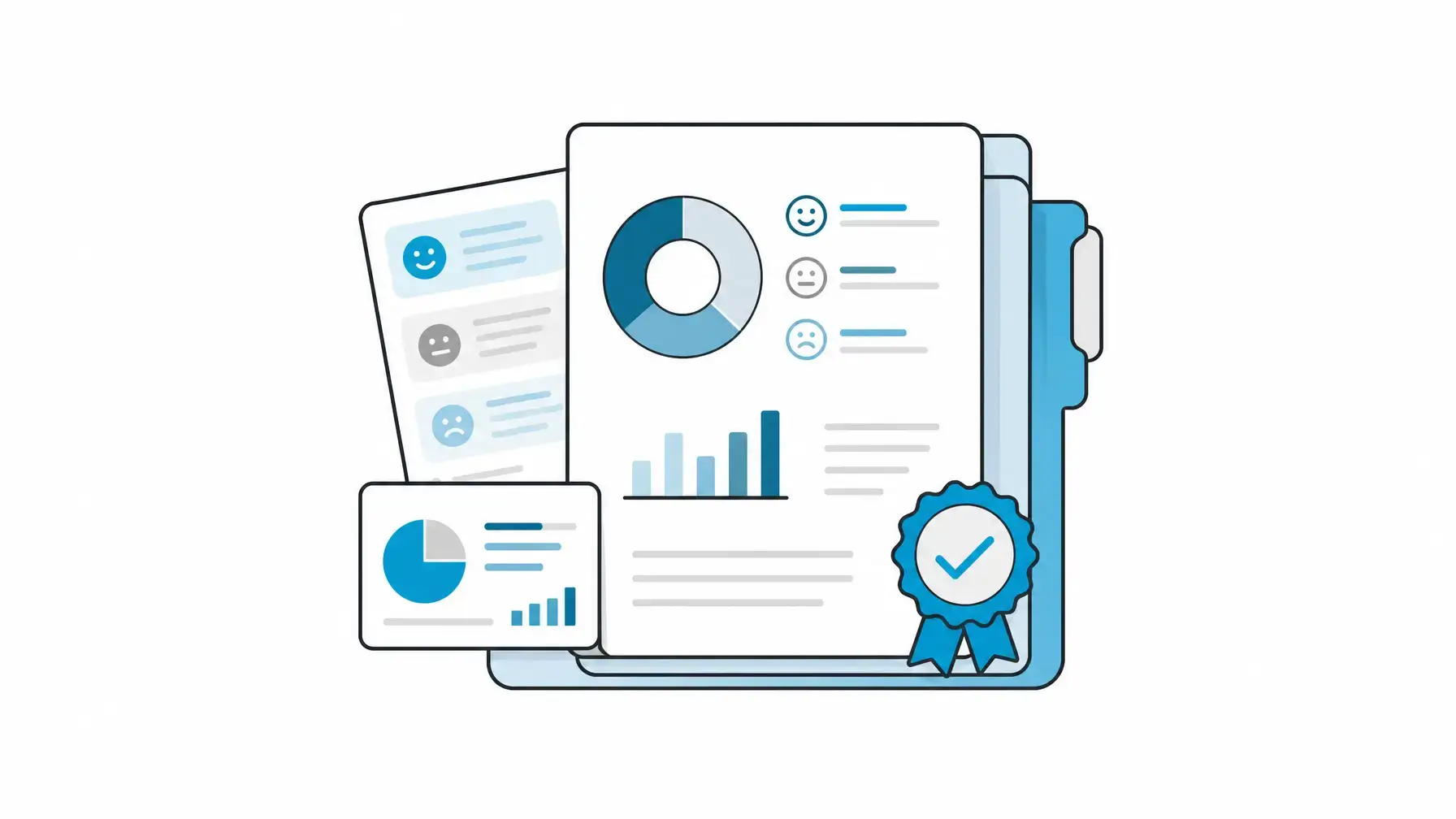 Guest satisfaction survey image showing a centered owner summary packet with sentiment, comp-set context, and business signal cards.