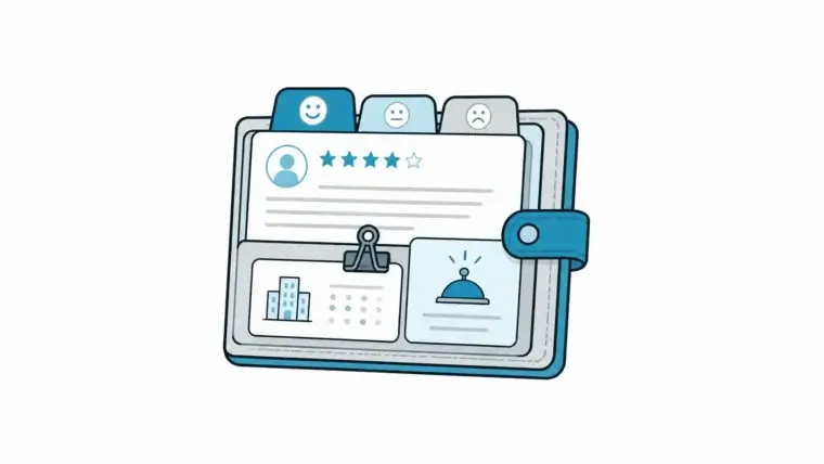 Hotel guest experience featured image showing a centered Halo GSS guest experience folio with review, sentiment, rate, and property action objects.