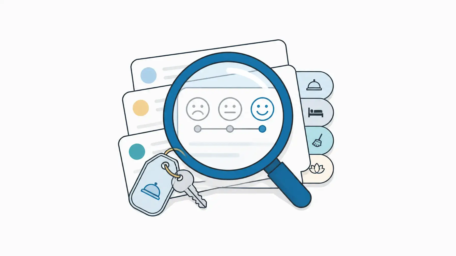 Hotel guest experience image showing a centered stay signal lens over sentiment cards and hotel service category tabs.