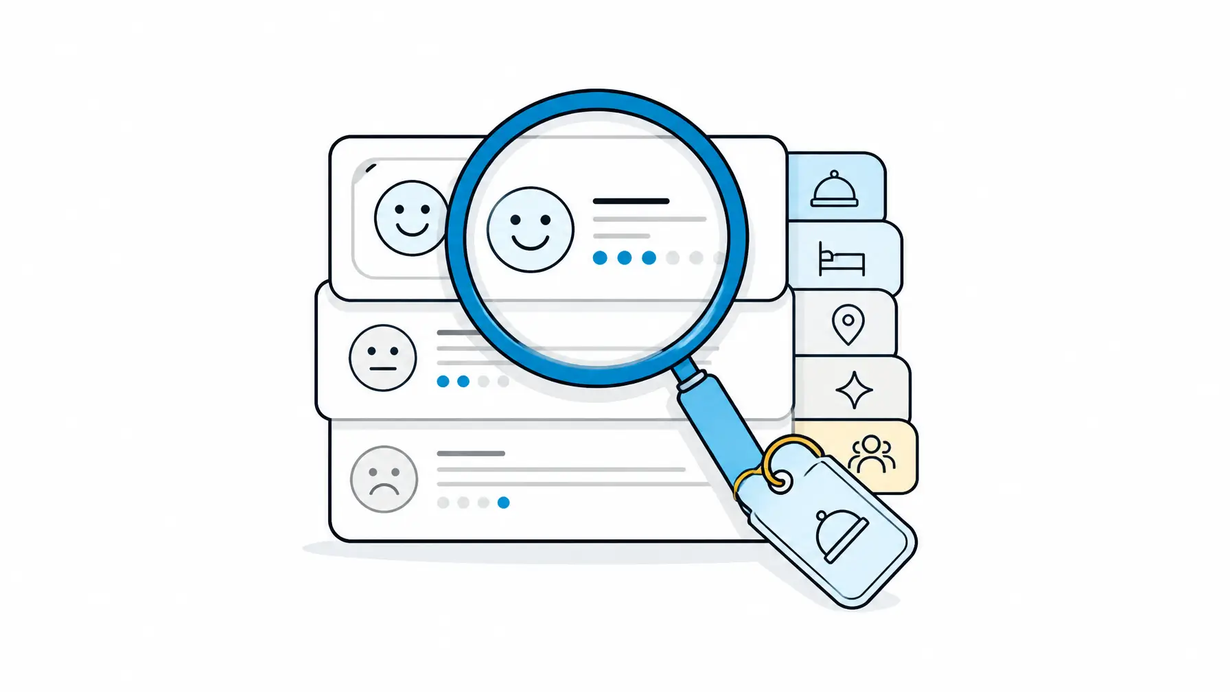 Hotel online reviews image showing a centered sentiment lens over guest feedback cards and service category tabs.