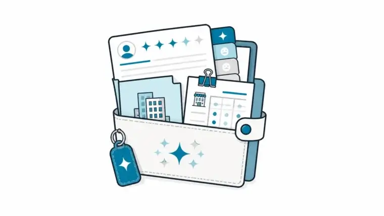 Hotel reputation management featured image showing a centered guest review folio, sentiment tabs, comp-set file, and rate card in Halo GSS style.