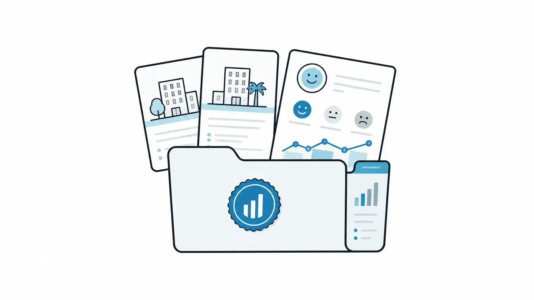 Hotel review management image showing a centered comp-set folder with guest sentiment and competitor context.