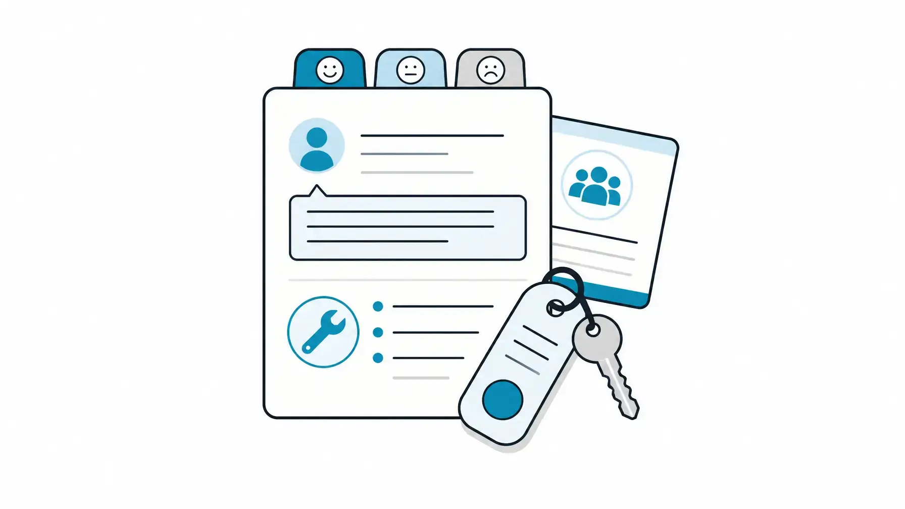 Hotel review response image showing a centered guest issue follow-up folio with sentiment tabs and property action materials.