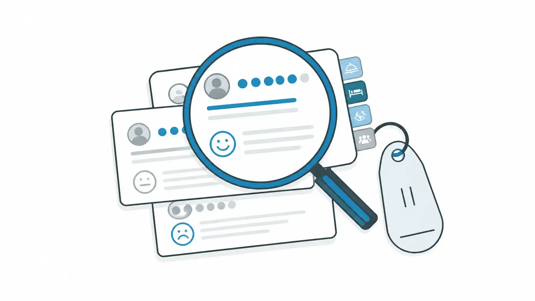 Online reputation management image showing a centered sentiment lens over guest feedback cards and issue-category tabs.
