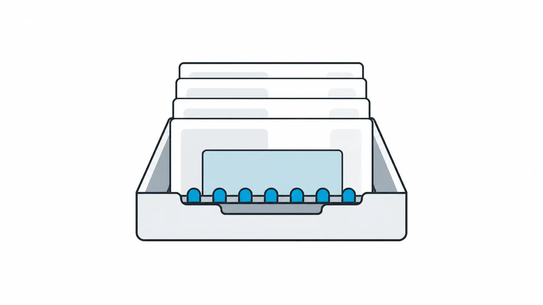 Reputation management software image showing a centered review inbox tray with source slips, response status, and manager follow-up objects.
