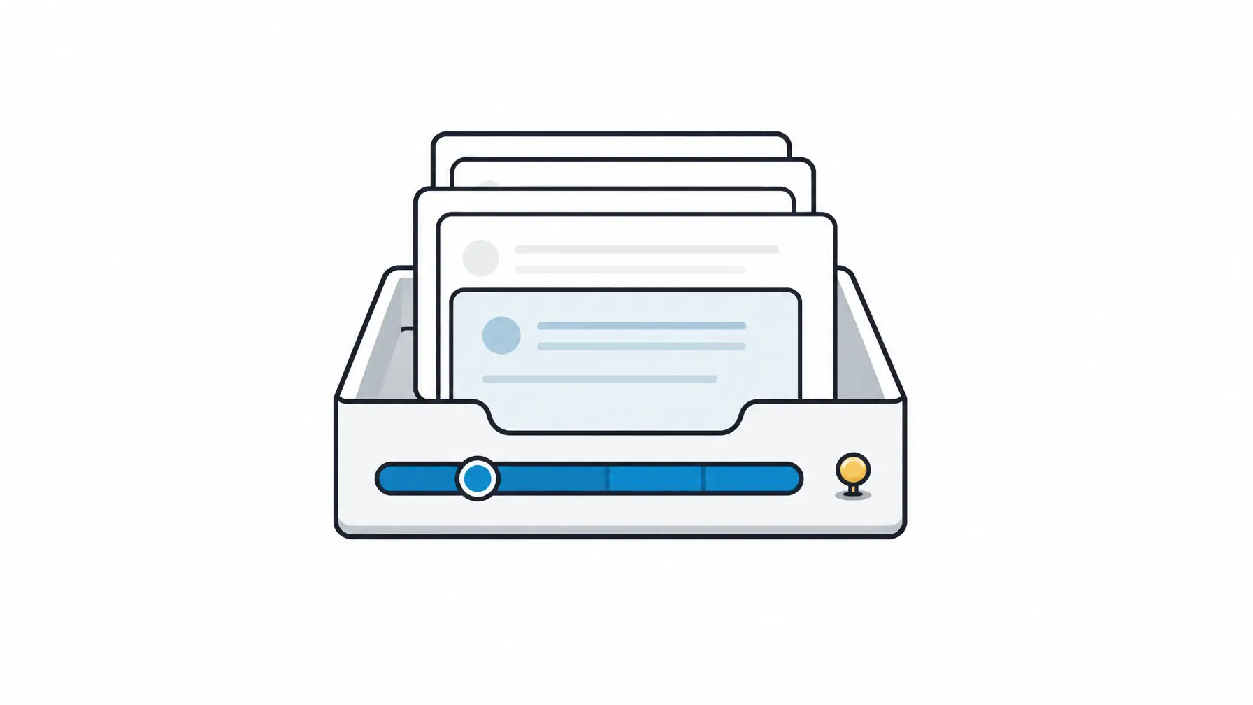 Review management software image showing a centered response queue tray with blank review slips and manager follow-up objects.