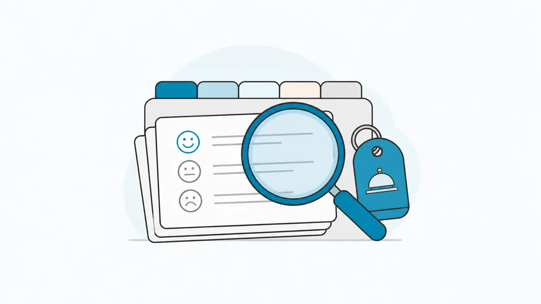 Review management software image showing a centered sentiment kit with guest feedback cards and category tabs.
